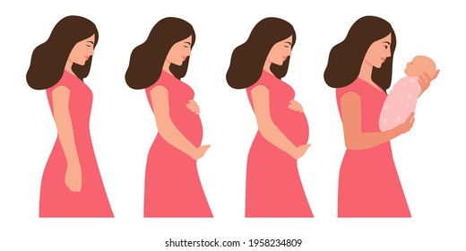 The main stages of pregnancy.Pregnant woman and newborn baby.Pregnancy beautiful woman body isolated on white background. Pregnancy Calendar. Flat vector illustration.