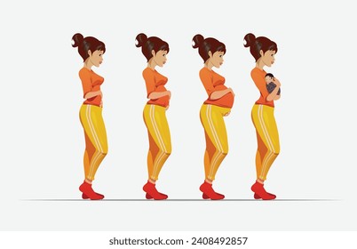 The main stages of pregnancy.Pregnant woman and newborn baby.Pregnancy beautiful woman body isolated on white background. Pregnancy Calendar. Flat vector illustration.