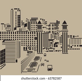 Hauptstraße in der Stadt. Der große Turm in der Hauptstraße der abstrakten Stadt. Schwarze und neutrale, kraft-farbene Silhouette, grafische Vektorgrafik.