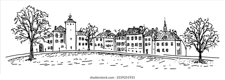 main street in Český Krumlov city ​​panorama hand drawing doodle hatching vector sketch