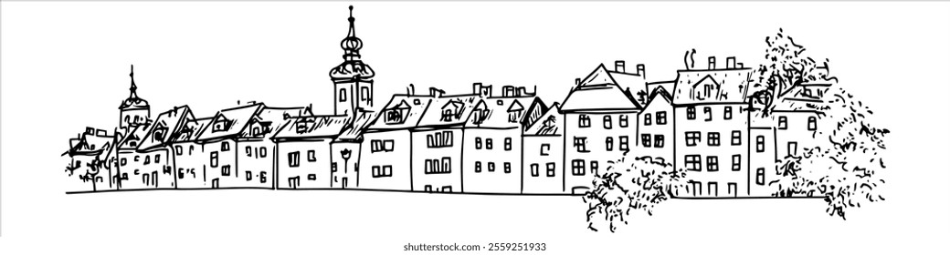 main street in Český Krumlov city ​​panorama hand drawing doodle hatching vector sketch