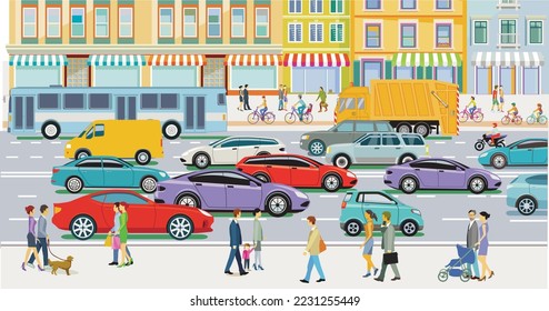 Main street with people and road traffic and in front of buildings, illustration