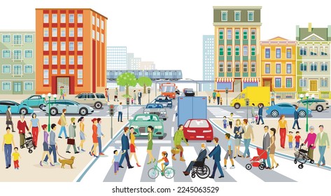 Main street with people and road traffic and in front of buildings, illustration