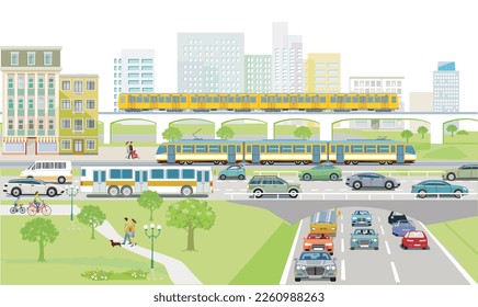 Main street with tram and road traffic and in front of buildings, illustration