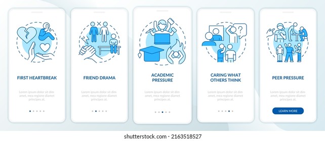 Main struggles of teenage life blue onboarding mobile app screen. Walkthrough 5 steps editable graphic instructions with linear concepts. UI, UX, GUI template. Myriad Pro-Bold, Regular fonts used