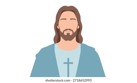 O assunto principal é um homem barbudo com cabelo longo usando um manto azul e pingente de cruz