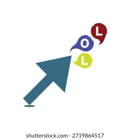 O assunto principal é um cursor de seta azul com letras flutuantes coloridas