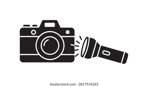Main subject is a camera with attached lens and flash