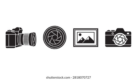 Main subject is camera gear including camera lens frame icon set