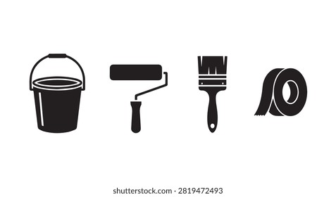 Main subject close of painting tools bucket roller brush and tape set for art projects