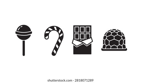 Main subject is dessert sweets including lollipop candy cane chocolate bar and cookie shown as stacked confections