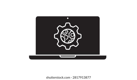 main subject displays a laptop featuring a gear and globe icon