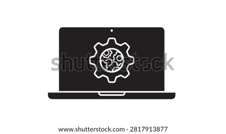 main subject displays a laptop featuring a gear and globe icon