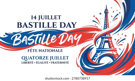 Main subject is the Eiffel Tower adorned with festive decorations for Bastille Day celebration.