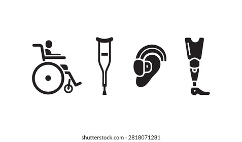 Main subject features four assistive devices symbols including wheelchair crutch hearingaid prosthetic limb.