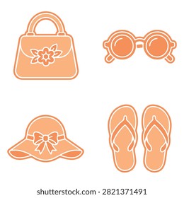 Main subject features four summer accessories including a handbag sunglasses sunhat and flip flops