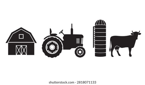 Main subject features a tractor cow silo and barn illustrating classic farm life