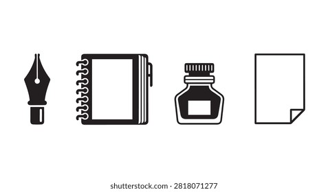 Main subject features writing essentials including fountain pen notebook ink bottle and sheet of paper