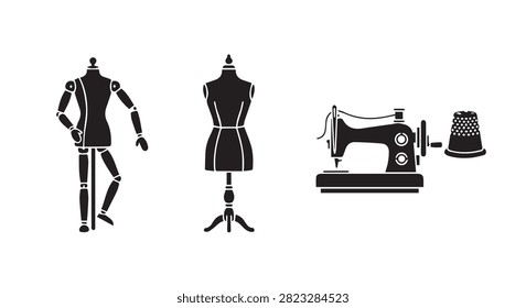 Main subject focused on sewing equipment including a machine and dress forms