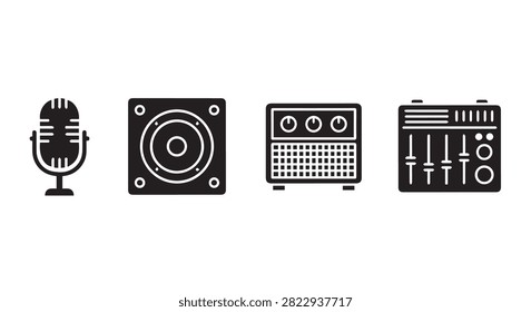 Main subject focuses on audio gear including microphone speaker and mixer symbols
