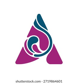 Main subject is a modern abstract logo featuring a triangular form with flowing curves.