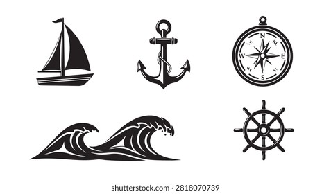 Main subject is nautical iconography featuring sailboat anchor compass wheels and waves