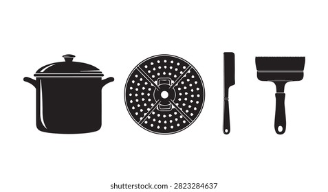 Main subject is a set of cooking utensils featuring pot steamer knife and brush isolated as a cookware collection