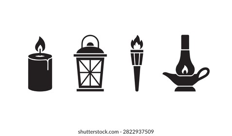 Main subject is a set of simple black icons representing different lighting devices in silhouette