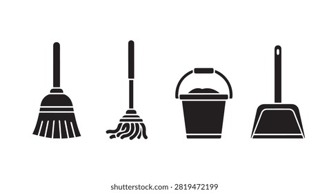 Main subject shows broom mop bucket and dustpan isolated against a white background