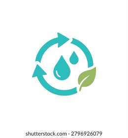 Main subject shows eco symbol with water droplets and leaf inside circular arrows
