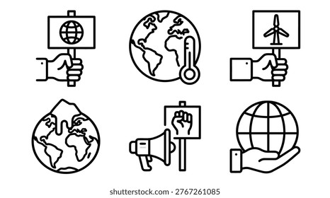 Main subject shows global environmental awareness icons promoting climate action