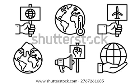 Main subject shows global environmental awareness icons promoting climate action