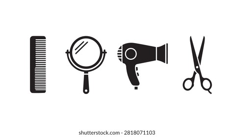 Main subject shows hairdressing tools including comb mirror hairdryer and scissors arranged as a set