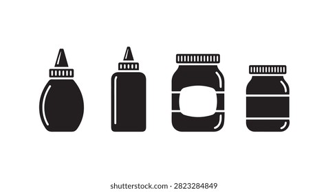 Main subject shows a row of glue bottles in different shapes on a white background.