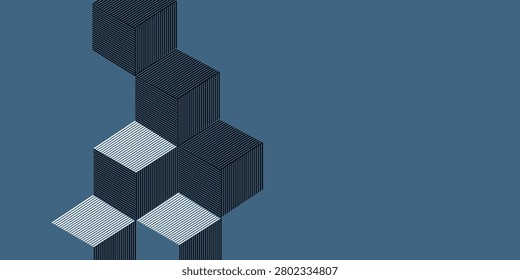 Main subject shows stacked geometric cubes in an abstract isometric arrangement