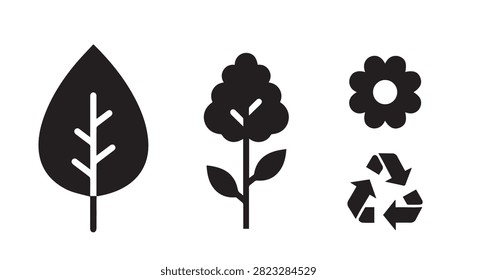 Main subject shows stylized plant icons including leaf tree flower representing nature growth and life