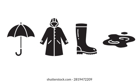 Main subject shows umbrella coat and boots for rain protection