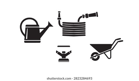Main subject shows watering can hose wheelbarrow and related irrigation equipment isolated on white background