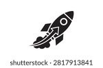 Main subject is a stylized rocket graphic symbolizing ascent and innovation