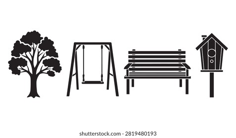 Main subjects are park features including a bench swing and a birdhouse beside a tree