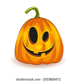 The main symbol of the Happy Halloween holiday. Orange unusual funny pumpkin with smile for your design for the holiday Halloween on white background. Vector illustration.