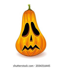 The main symbol of the Happy Halloween holiday. Orange unusual funny pumpkin with smile for your design for the holiday Halloween on white background. Vector illustration.