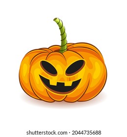 The main symbol of the Happy Halloween holiday. Orange unusual funny pumpkin with smile and eyes for your design for the holiday Halloween on white background. Vector illustration.