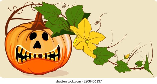 The main symbol of the Happy Halloween holiday. Happy Halloween Vector illustration. pumpkin with leaves and flowers, for your design holiday. 