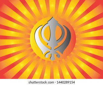 The main symbol of Sikhism -  the sign of Khanda made of silver metal on the background of orange rays, vector

