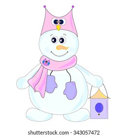 The main symbol of this vector illustration is snowman. It's dressed in hat with image of owl, scarf with owl-brooch. Image belongs to theme of winter holidays.