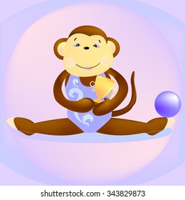 The main symbol of this vector illustration is Monkey-rhythmic gymnast. Monkey keeps the cup of victory and gymnastic ball.  Background of image is in violet colors. It can be used as greeting card.