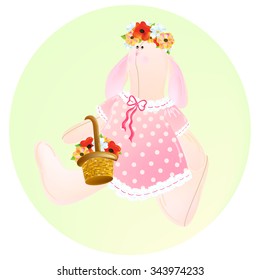 The main symbol of this vector  illustration is Rabbit tilda.  Rabbit's dressed in pink dress. Rabbit keeps bags with flowers. Background of image is in light green color.