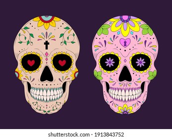 The main symbols of the holiday on the dark background. Day of the dead. Vector illustration background.