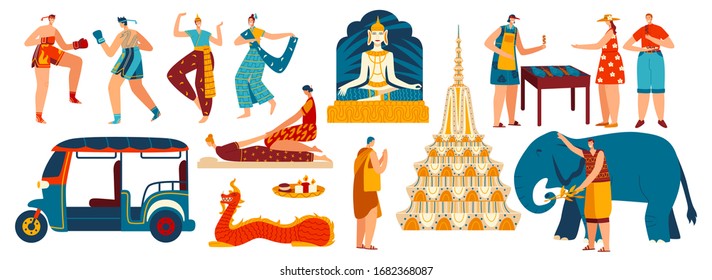Main symbols of Thailand, set of isolated tourist attractions, vector illustration. People travel to Thailand, exotic Asian country. Buddha, pagoda temple, Thai massage and boxing, cartoon characters